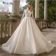Load image into Gallery viewer, Adoly Mey Gorgeous Appliques Long Sleeve A-Line Wedding Dresses 2020 Luxury Crystal Sashes Beaded Princess Bride Gown Plus Size